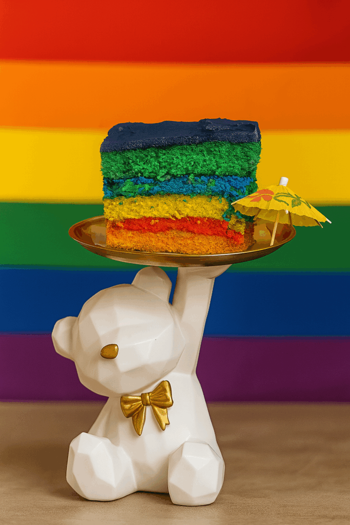 Tarta arcoíris decorada con frutas y perlas, ideal para celebrar el Orgullo con dulzura y magia visual.