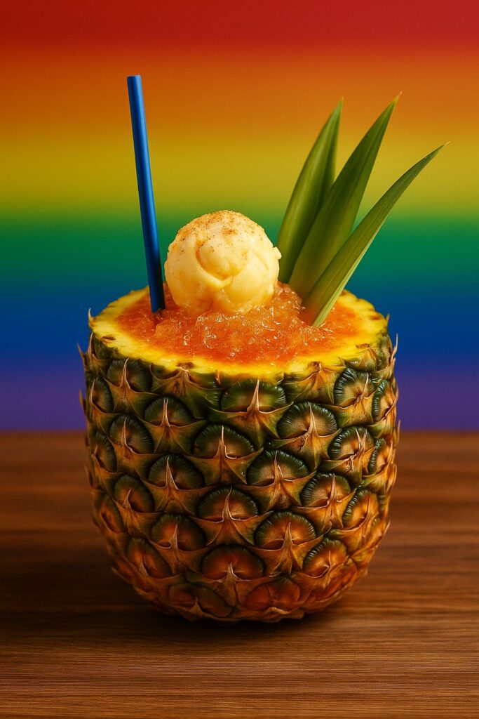 Cóctel en piña natural con helado y hojas, servido sobre fondo arcoíris para brindar con Dulzura Tropical con Orgullo.