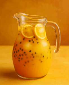 Jarra de cristal con limonada de maracuyá mágica, bebida refrescante con encanto veraniego ideal para Serendipia.