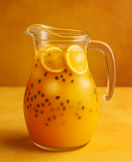 Jarra de cristal con limonada de maracuyá mágica, bebida refrescante con encanto veraniego ideal para Serendipia.