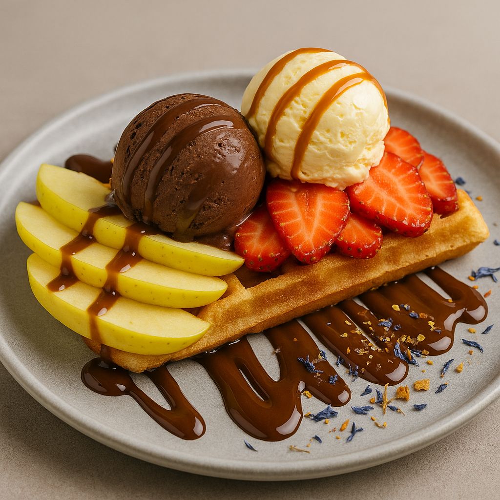 Gofre con fruta fresca, helado y chocolate fundido – brunch con dulzura mágica.