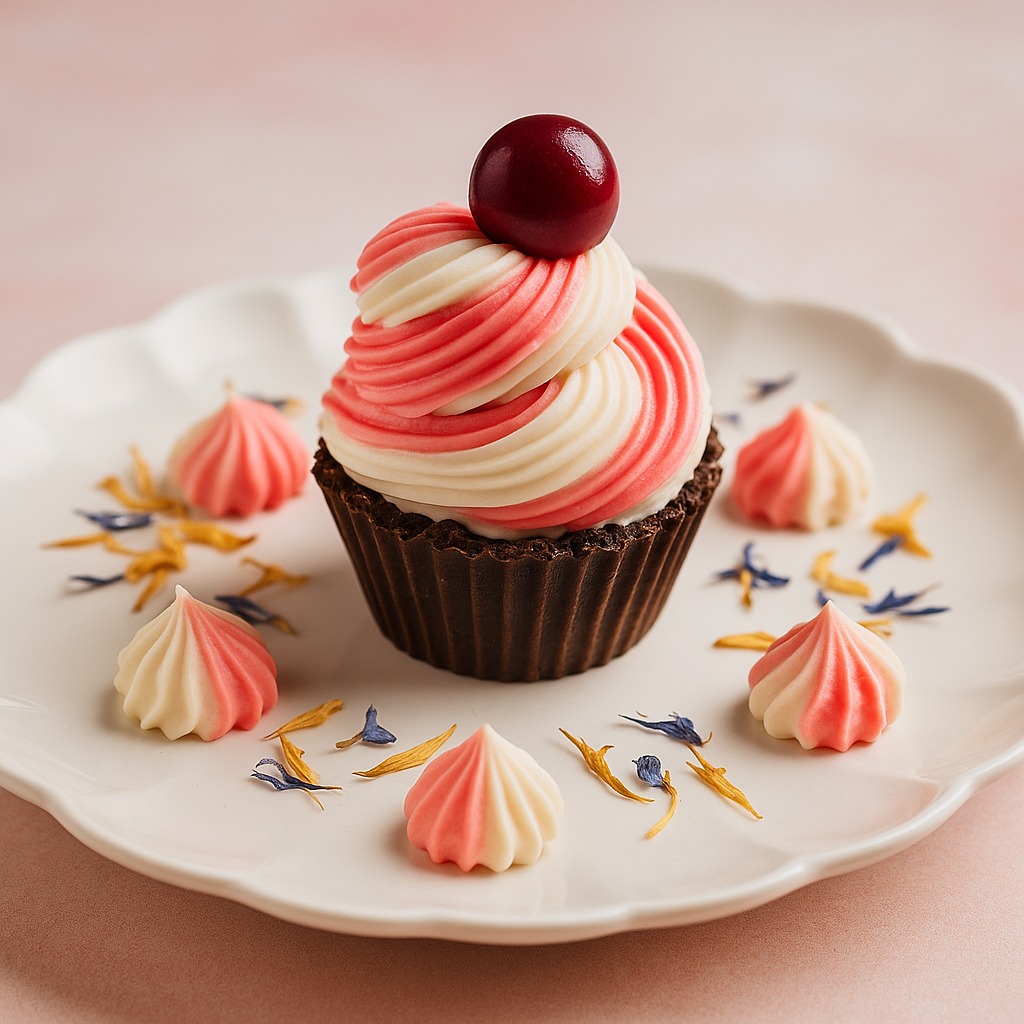 Cupcake tropical con chocolate, coco y cereza: un hechizo pastelero con frescura encantada.