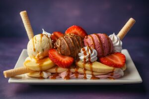 Banana Split encantado con helado, frutas y caramelo. Una dulzura que hechiza los sentidos.