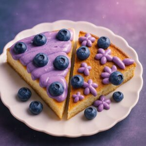 Bizcocho de vainilla con glaseado violeta y arándanos: una dulzura encantada que hechiza a primera vista.