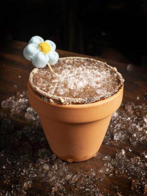 Cóctel Tierra de Serendipia, bebida del alma que reconecta con el origen, con cacao, soja y decoración espiritual.