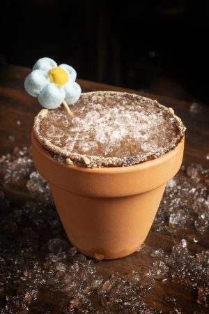 Cóctel Tierra de Serendipia, bebida del alma que reconecta con el origen, con cacao, soja y decoración espiritual.