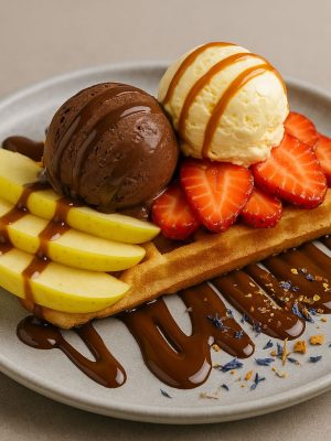 Gofre con fruta fresca, helado y chocolate fundido – brunch con dulzura mágica.