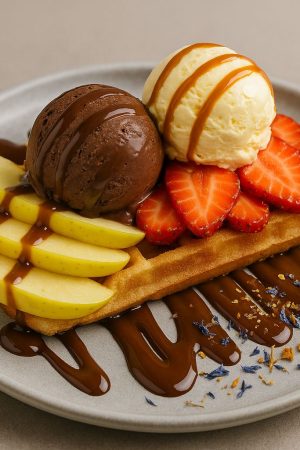 Gofre con fruta fresca, helado y chocolate fundido – brunch con dulzura mágica.